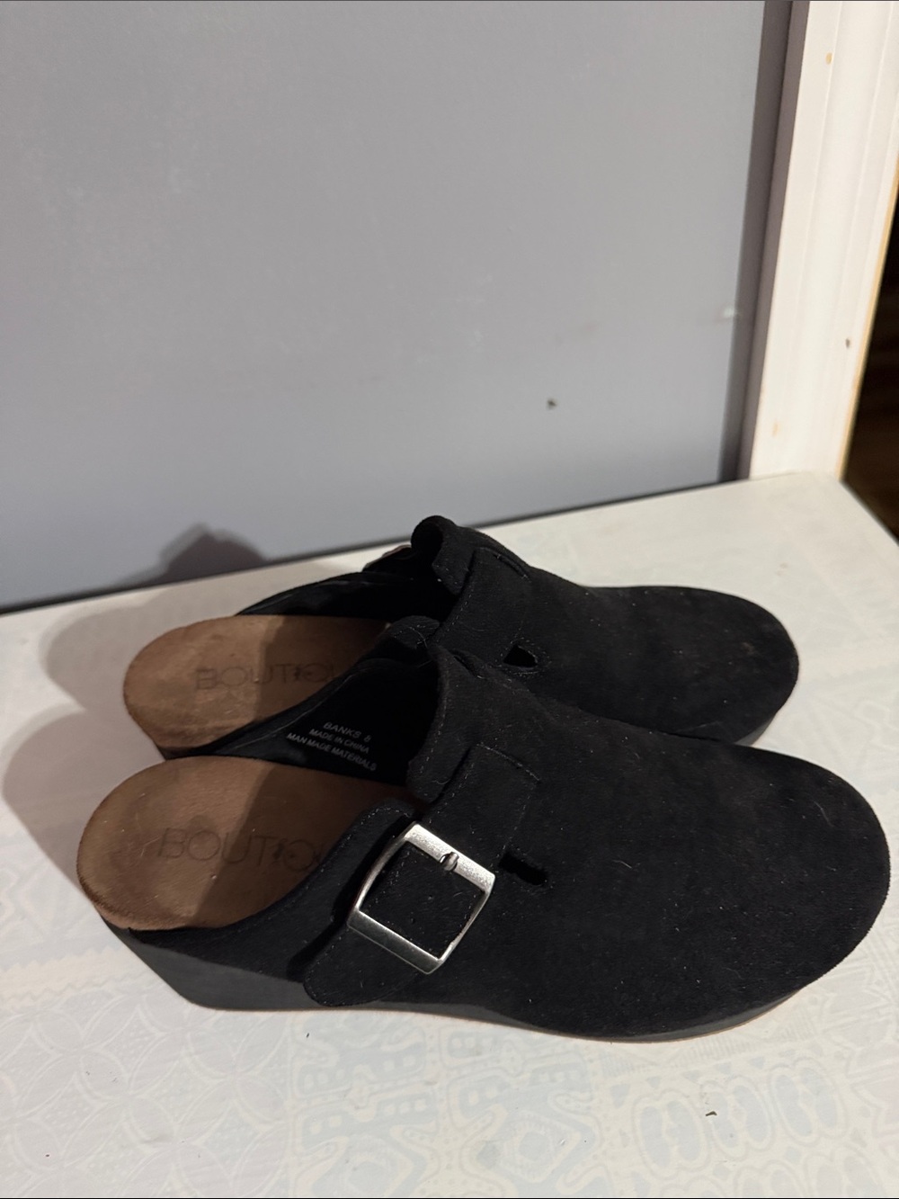 Women's Black Suede Slip-On Clog with Buckle